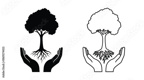 Hands cradling trees a dark and light contrast of nature s growth