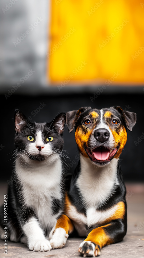 Fototapeta premium Vertical portrait of adopted pets, copy space for advertising a nursery and acquiring a pet for friendship and mental health