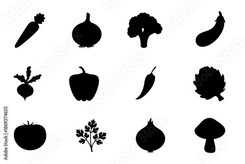 Vegetable icon set on transparent background. Symbol of broccoli, pepper, carrot, onion, chili, radish, eggplant, tomato, parsley, mushroom, and artichoke. Vegetables silhouette editable vector stock