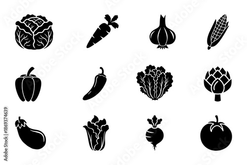Vegetable icon set on transparent background. Symbol of cabbage, pepper, carrot, garlic, chili, radish, eggplant, tomato, lettuce, corn, and artichoke. Vegetable silhouette editable vector stock