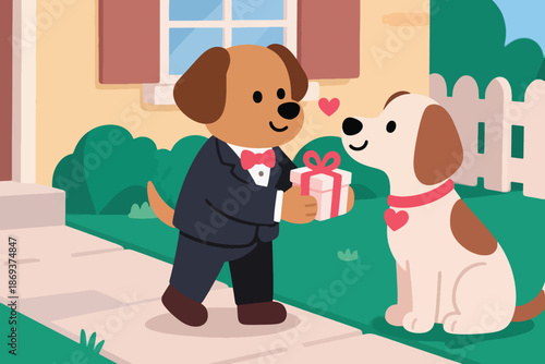 Two cartoon dogs exchanging gift in romantic outdoor setting with pink hearts and white picket fence.