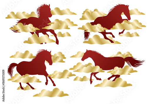 Four vibrant red horses gallop through stylized gold clouds against a white background. Ideal for equestrian themes and dynamic designs.