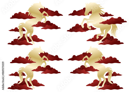 Golden horses rear in red clouds on a white background suitable for posters, prints, and website design projects with an artistic touch.