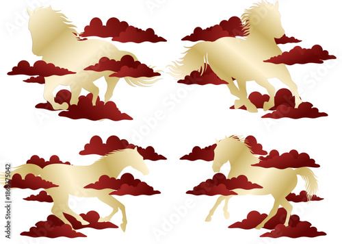 Four gold horses gallop through deep red clouds in a captivating and dynamic scene. Ideal for equestrian or fantasythemed designs.