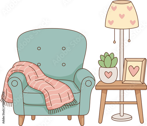 Cozy Home Interior Illustration with Teal Armchair, Heart Pattern Lamp, and Pink Blanket for Valentine's Day Decor