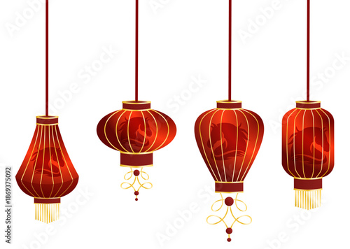 Four red and gold chinese lanterns for festive decorations, suitable for chinese new year or lunar new year celebration designs.