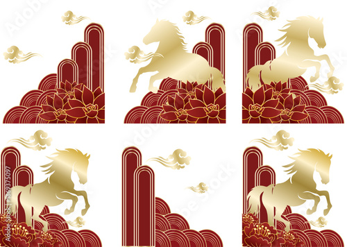 Decorative golden horses with floral patterns, clouds, and stylized steps. Suitable for luxury branding, ornate designs, and elegant decorations.