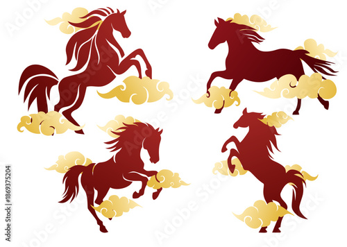 Four reddish brown horses galloping in golden clouds, suitable for equestrian and naturethemed designs, equestrian events promotion, and inspirational content creation.
