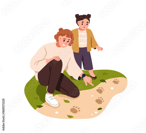 Mother and daughter in nature, finding animal footprints on track, trail outdoors. Parent and girl child exploring forest, weekend activity. Flat vector illustration isolated on white background