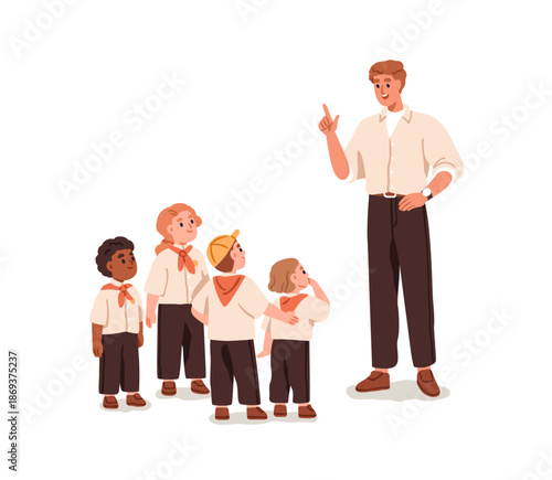 Adult and kids group. Teacher, man educator explaining to little children. Guiding, instructing, learning preschool kindergarten girls and boys. Flat vector illustration isolated on white background
