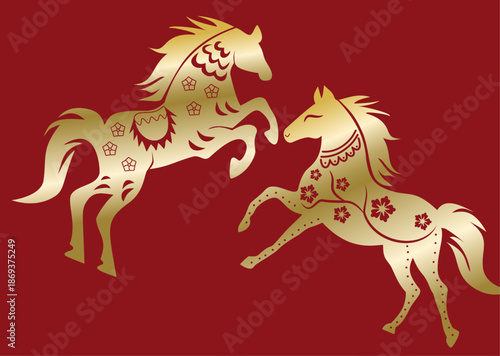 Gold floral horses on red background, dynamic and elegant design suitable for luxury brands, invitations, textiles, and stationery products.