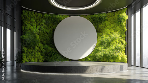 A modern eco-friendly office reception featuring a vibrant living green moss wall with a large blank circular area for a logo, flooded with bright, natural sunlight, banner mockup.