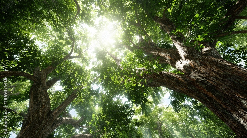 Fototapeta premium Looking up through lush green tree canopy towards bright sun