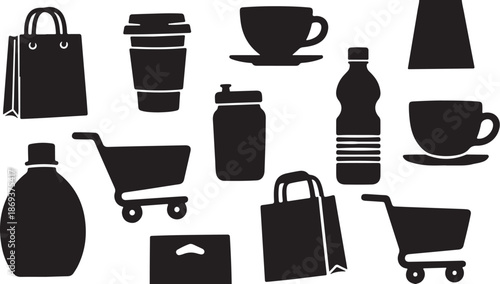 Shopping and daily essentials icon set in black
