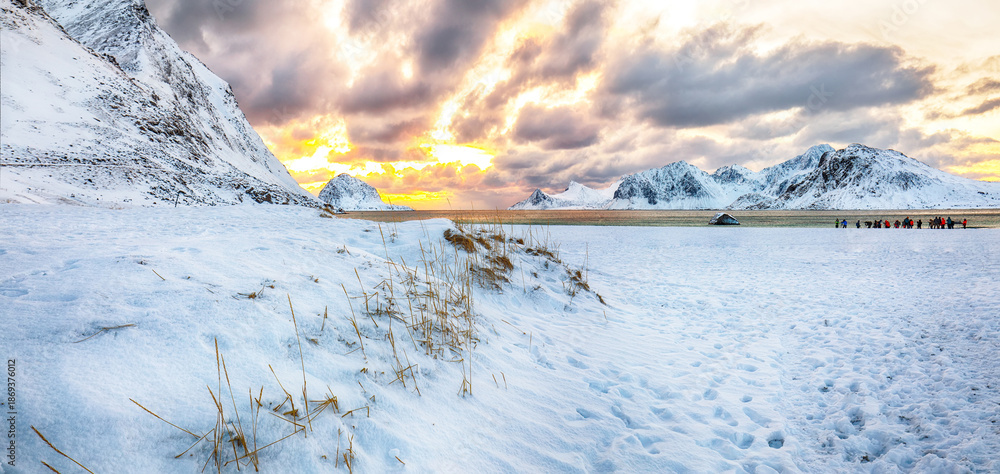 custom made wallpaper toronto digitalAmazing winter scenery with Haukland beach during sunset and snowy mountain peaks near Leknes.