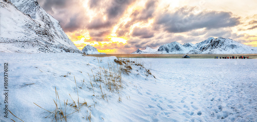 Wallpaper Mural Amazing winter scenery with Haukland beach during sunset and snowy  mountain peaks near Leknes. Torontodigital.ca