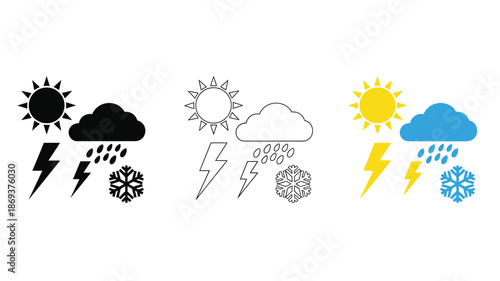 Four weather icons depicting sun clouds lightning and snowflakes
