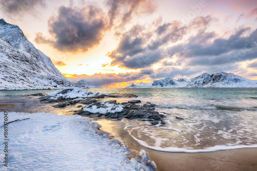 Wallpaper Mural Unbeliveble winter view of Vik beach during sunset with lots of snow  and snowy  mountain peaks near Leknes. Torontodigital.ca