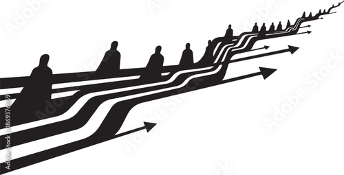 Silhouettes of people moving in different directions quickly