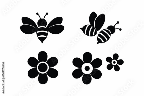 Bee and Flower Silhouette Vector Design, Spring Pollination Concept Nature Illustration Isolated on White Background