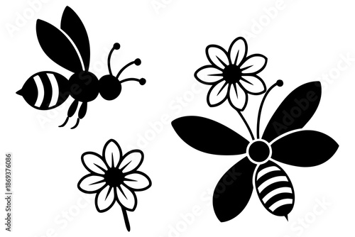Spring Bee Pollinating Flowers Silhouette Vector Icon, Nature and Ecology Illustration Isolated on White Background