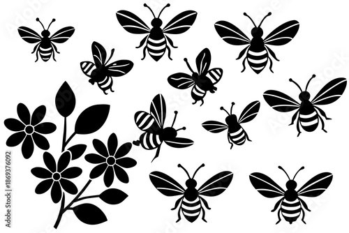 Bee flying near flowers silhouette vector pack illustration isolated on white background