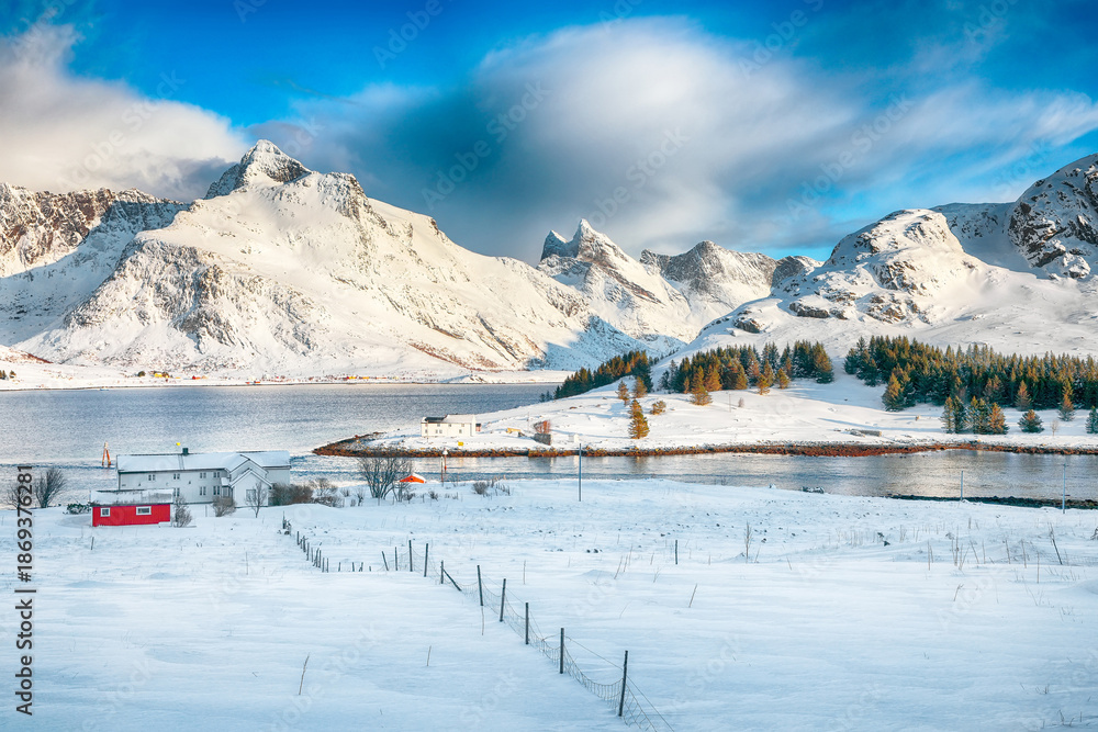 custom made wallpaper toronto digitalAmazing winter view on Selfjorden with small fishing houses (rorbu) and snowy peaks on background.
