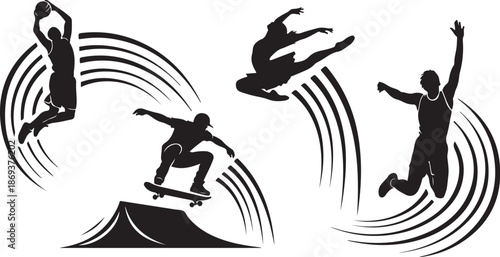 Skateboarders in Motion Silhouette Vector Illustration