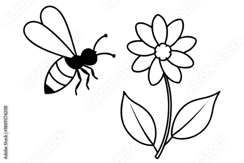 line art Bee flying near flowers silhouette vector illustration isolated on white background