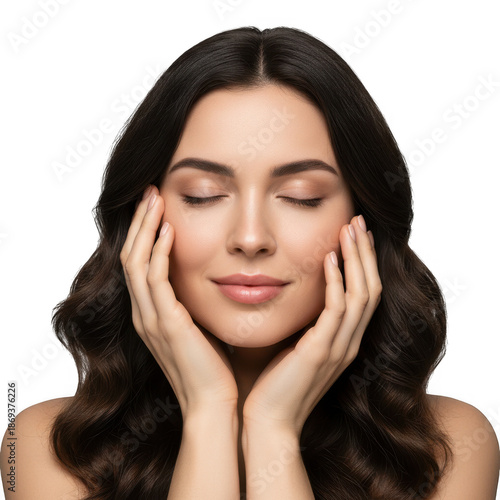 Relaxed woman with hands on face isolated on transparent background