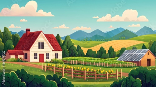 A serene rural landscape featuring a house, vineyard, solar panels, and mountains under a blue sky with fluffy clouds.