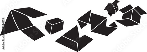 Black 3D geometric shapes breaking apart illustration