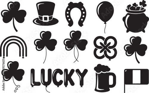 St. Patrick's Day Symbols and Icons Collection on White Background Keywords: st patrick's day, shamrock, clover, four leaf clover, lucky, luck, leprechaun hat, horseshoe, balloon, pot of gold