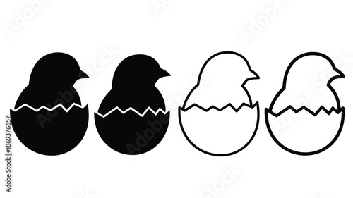 Black and white illustration of chicks hatching from cracked eggshells