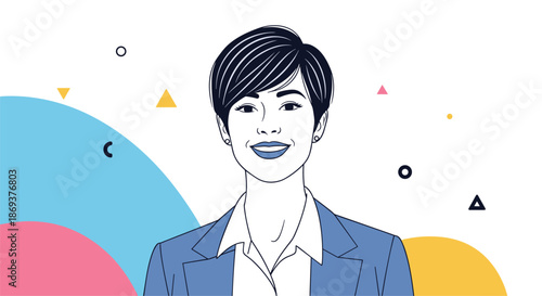 Professional portrait of a smiling woman with short dark hair wearing a blue blazer over a white shirt against a colorful geometric pattern background.