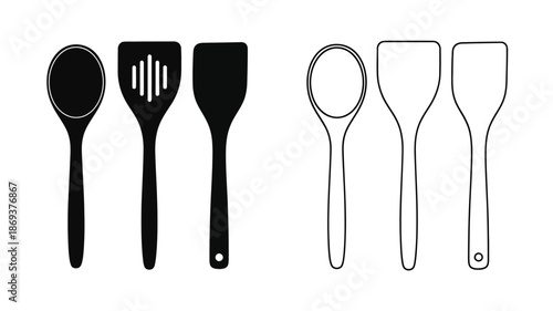 Black and white illustration of various kitchen cooking utensils and tools