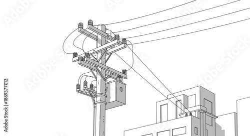 Detailed black and white line drawing of a utility pole with electric transformers, ceramic insulators, and power lines near a modern city building.