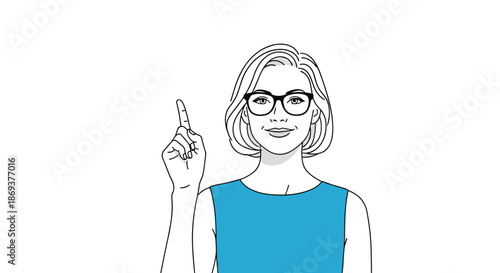 Simple line art illustration of a woman with short blonde hair and glasses wearing a blue top while pointing her index finger upwards on white.