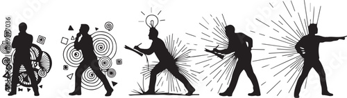 Silhouette of a man in various dynamic poses and actions