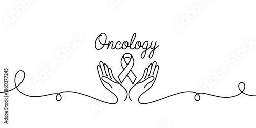 Hands holding cancer awareness ribbon in oncological design