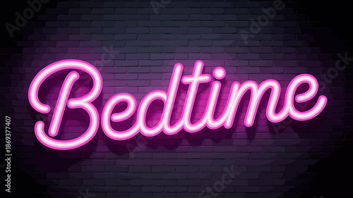 Pink Neon Bedtime Sign on Dark Brick Wall Background