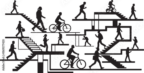 People walking and cycling on stairs and pathways illustration