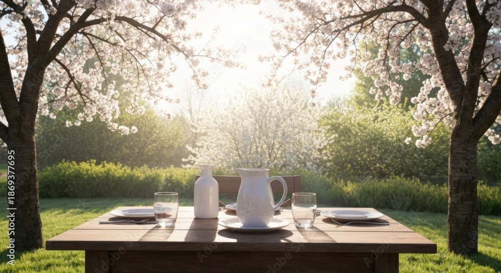 Fototapeta premium Springtime outdoor dining table under blooming trees