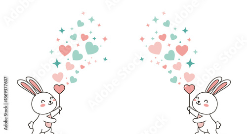 Two adorable cartoon white rabbits hold pink heart-shaped balloons with many small hearts and stars floating in the air between them on white.