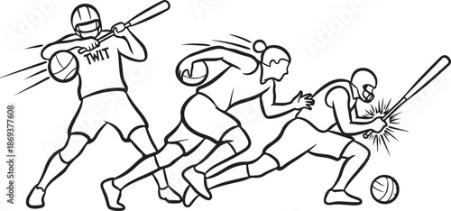 Baseball players in action, running and hitting ball