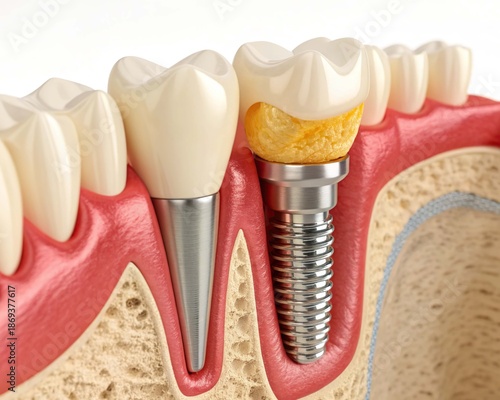 Dental implant replacing a missing tooth with a visible cavity