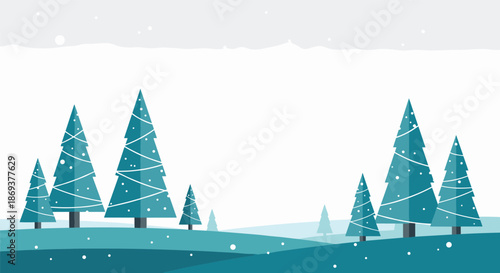 Serene winter landscape illustration featuring several stylized teal pine trees on rolling blue snow-covered hills under a light grey snowy sky.