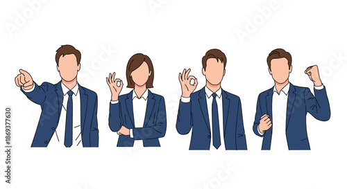 Group of four businessmen in blue suits displayed in various positive gestures including pointing, making an okay sign, and pumping fists in triumph.