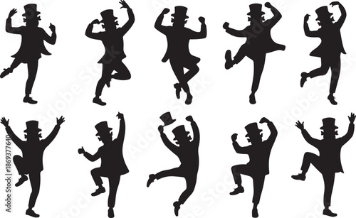 Ten Black Silhouette Figures of a Dancing Man in Top Hat on White Background dancer
