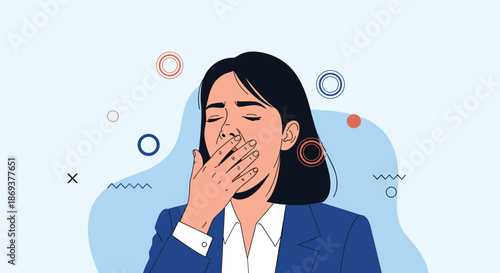 Tired businesswoman in a dark blue blazer yawns and covers her mouth with her hand while standing against a soft blue and red abstract background.